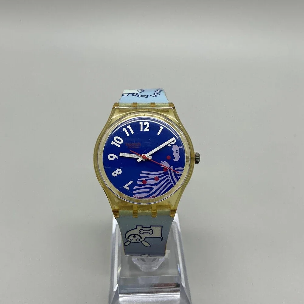Swatch Gruau GK147 Men Watch 34mm Blue Dial Yellow Case Dog Print New Battery